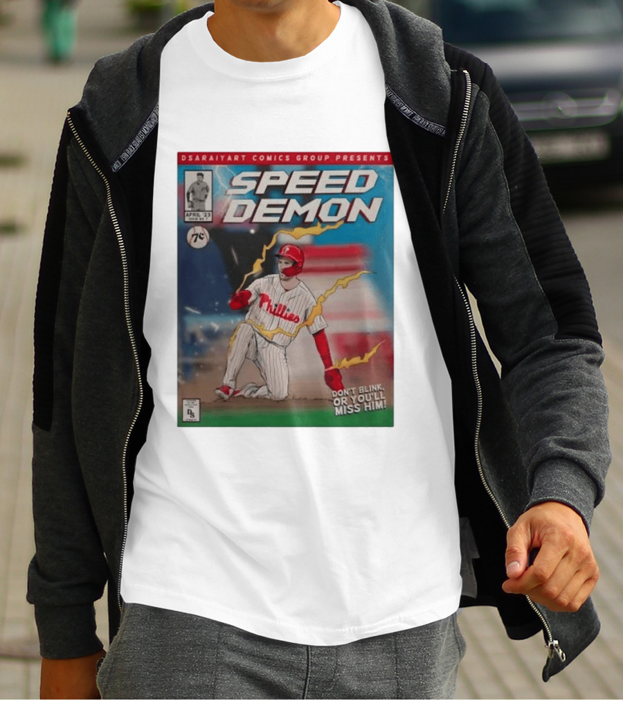 DSaraiyart Speed Demon Phillies April 23 Comics Group Don't Blink Trea Turner T-Shirt
