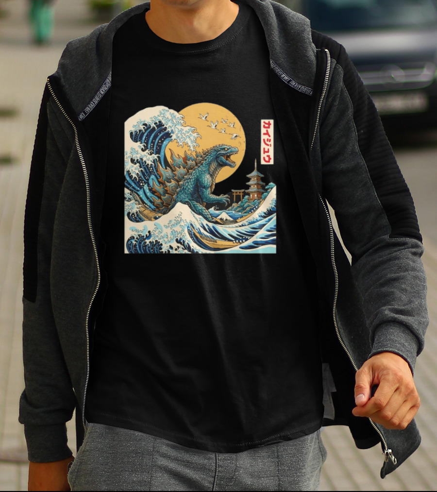 Kaiju Wave Monster Japanese Kawaki Kanji Pagoda Ukiyo E T-Shirt
