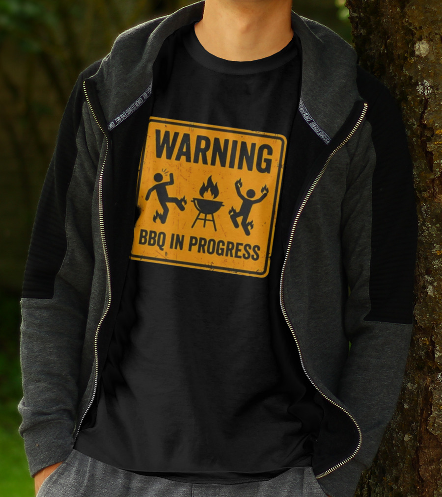 WARNING BBQ In Progress Funny Caution Sign With Flames T-Shirt