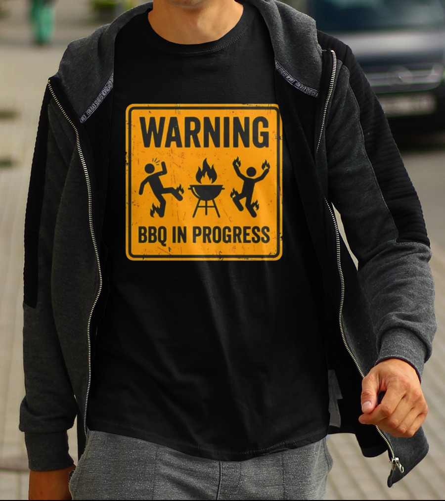 WARNING BBQ In Progress Funny Caution Sign With Flames T-Shirt