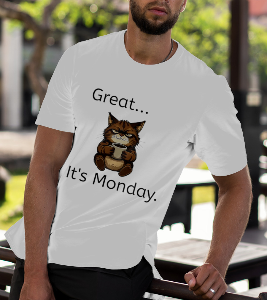 Great It's Monday Mood Cat With Coffee T-Shirt