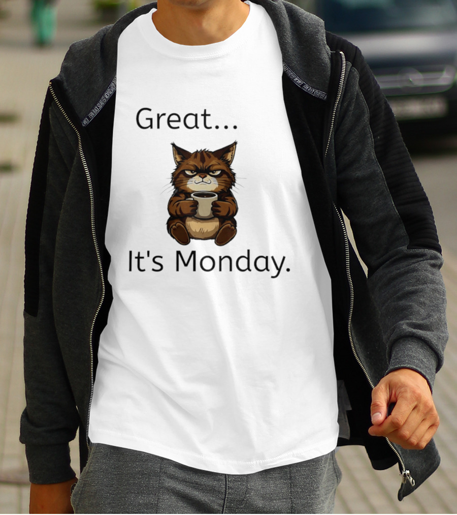 Great It's Monday Mood Cat With Coffee T-Shirt