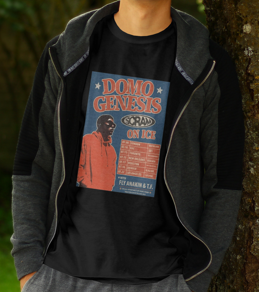 Domo Genesis Scram On Ice World Tour 2026 With Fly Anakin And T.F. London NYC Toronto New Orleans Houston Denver Los Angeles T-Shirt