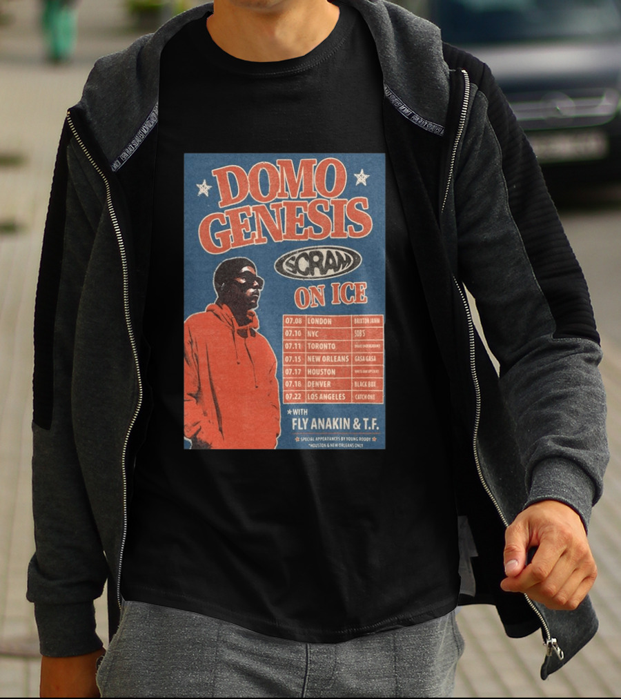 Domo Genesis Scram On Ice World Tour 2026 With Fly Anakin And T.F. London NYC Toronto New Orleans Houston Denver Los Angeles T-Shirt