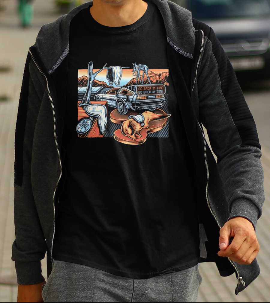 Back To The Future Time Travel Car Meets Salvador Dali's The Persistence Of Memory T-Shirt