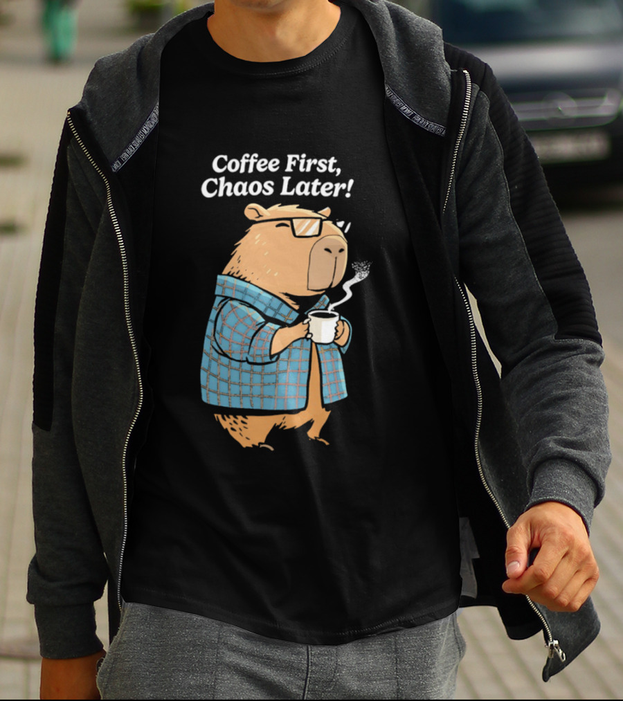 Coffee First Chaos Later Capybara In Plaid With T-Shirt