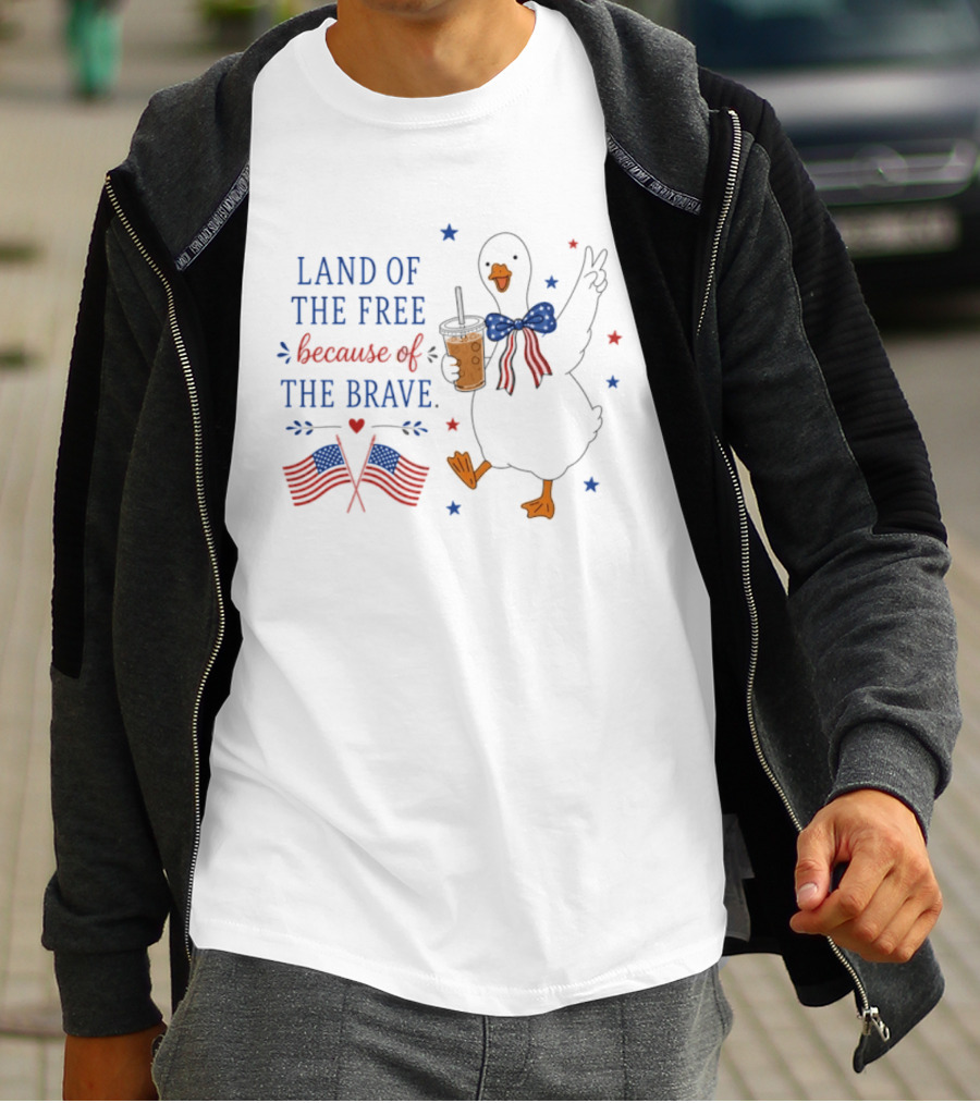 Land Of The Free Because Of The Brave Duck With Flags And Bubble Tea T-Shirt