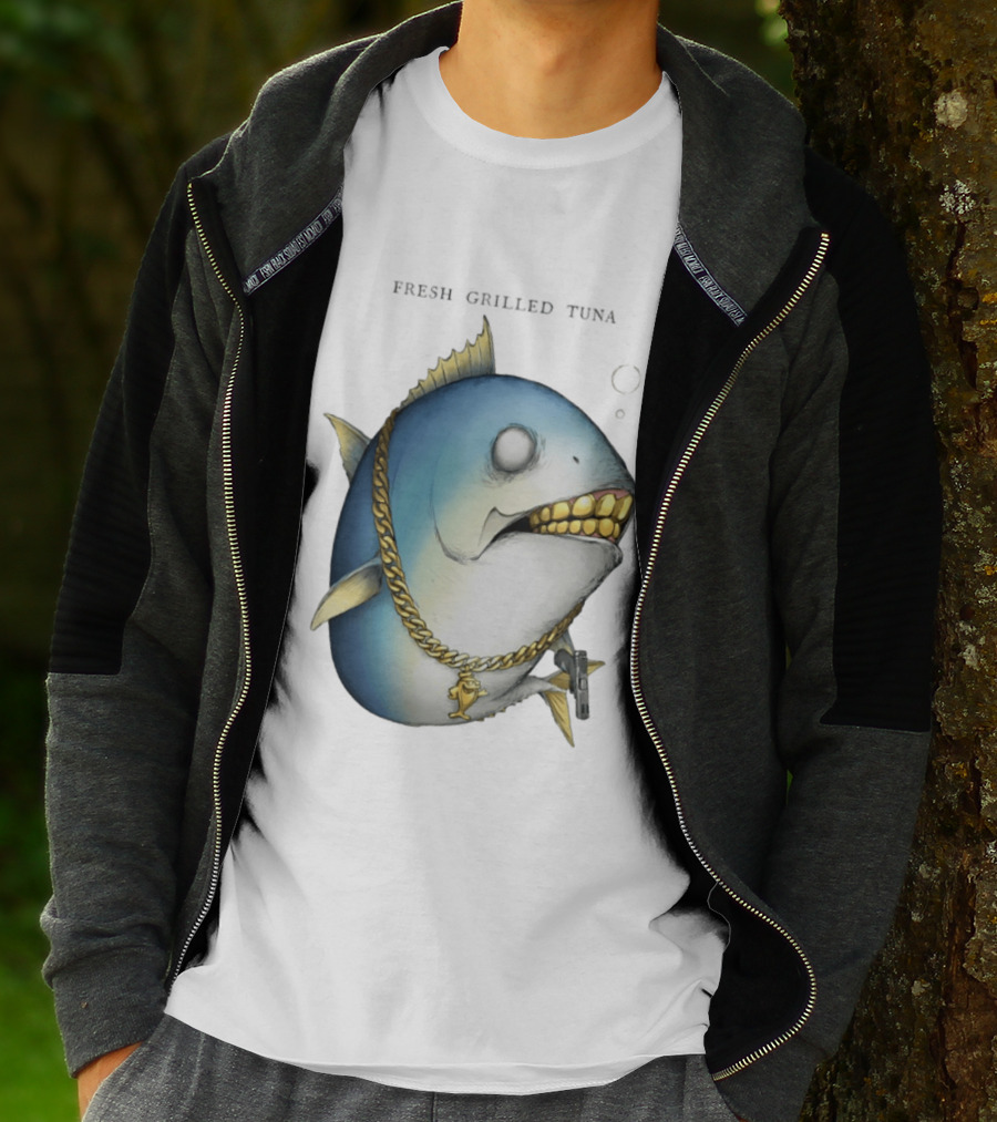 Fish Gun Fresh Grilled Tuna Gangster Chain Gold Teeth T-Shirt