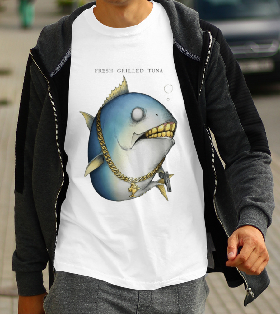 Fish Gun Fresh Grilled Tuna Gangster Chain Gold Teeth T-Shirt