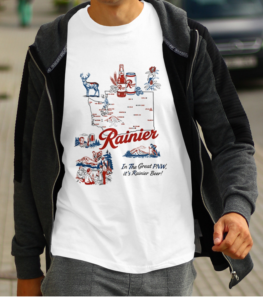 Rainier Beer In The Great PNW Rainier Beer Doodle Washington State Map Wilderness Scene T-Shirt