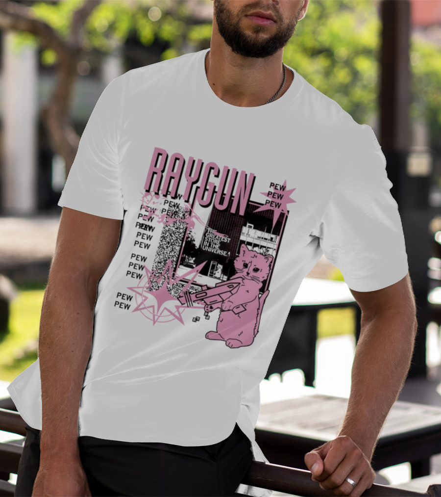 RAYGUN Cat Pew Pew Sci Fi Retro Feline Blaster Adventure T-Shirt