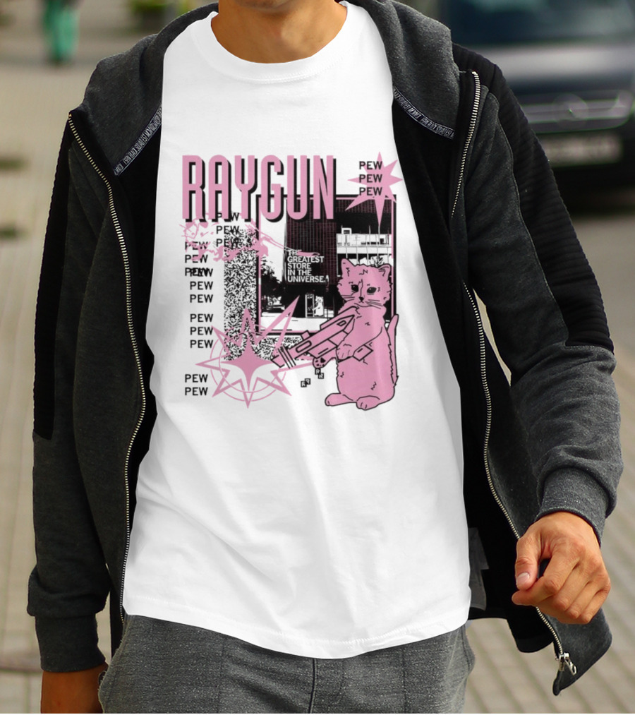 RAYGUN Cat Pew Pew Sci Fi Retro Feline Blaster Adventure T-Shirt
