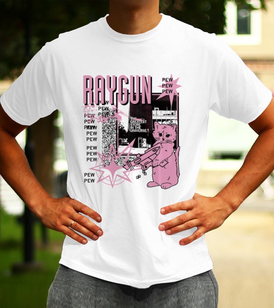RAYGUN Cat Pew Pew Sci Fi Retro Feline Blaster Adventure T-Shirt