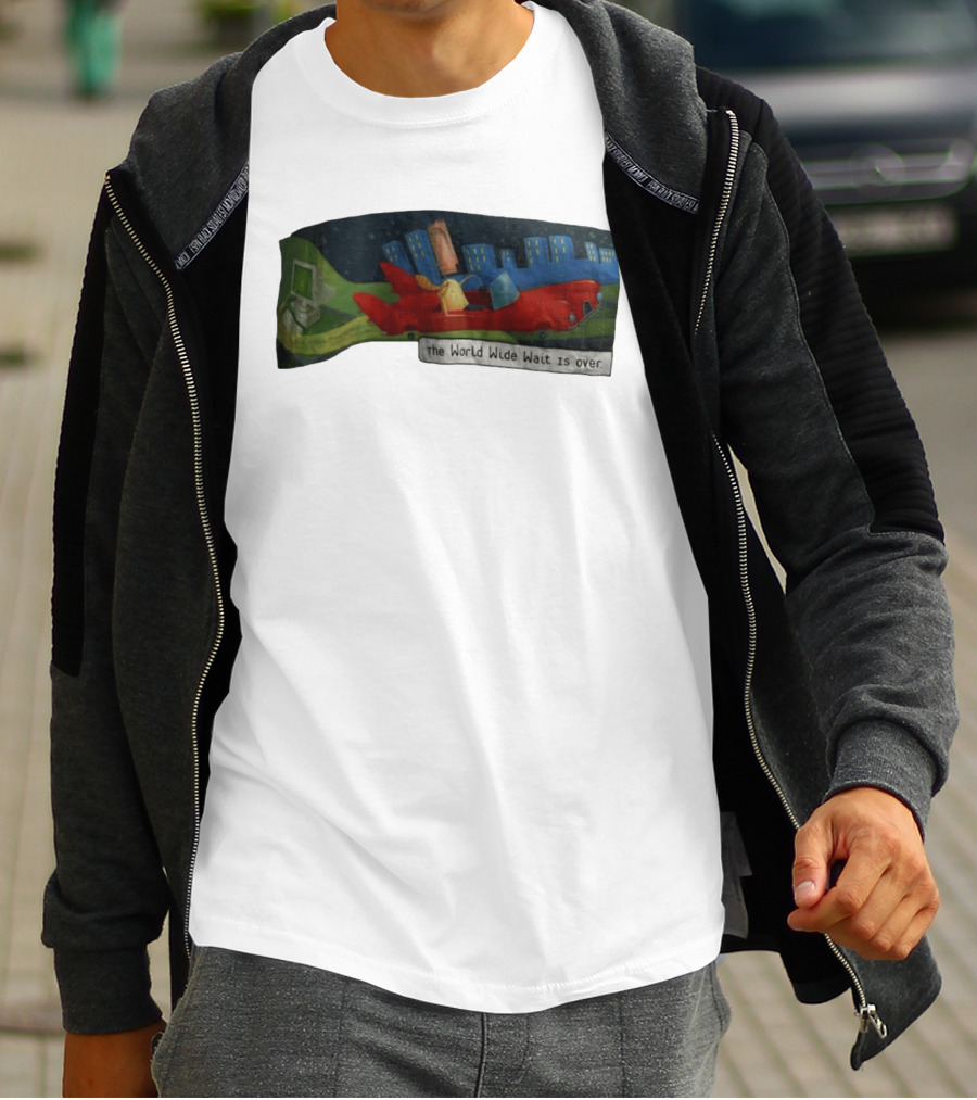 The World Wide Wait Is Over Red Car Cityscape Adventure T-Shirt