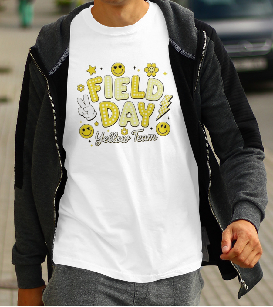 Field Day Yellow Team Smiley Faces Peace Sign Stars And Lightning Bolt T-Shirt