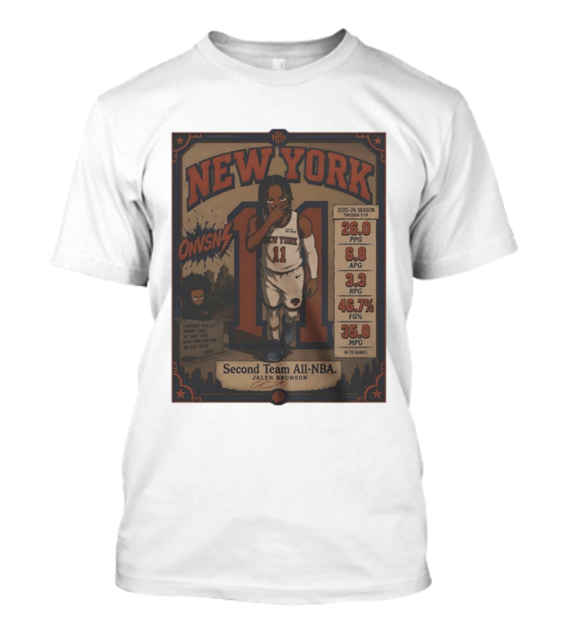 New York Knicks Jalen Brunson Second Team All NBA 2025 26 Season Stats And Animation T-Shirt