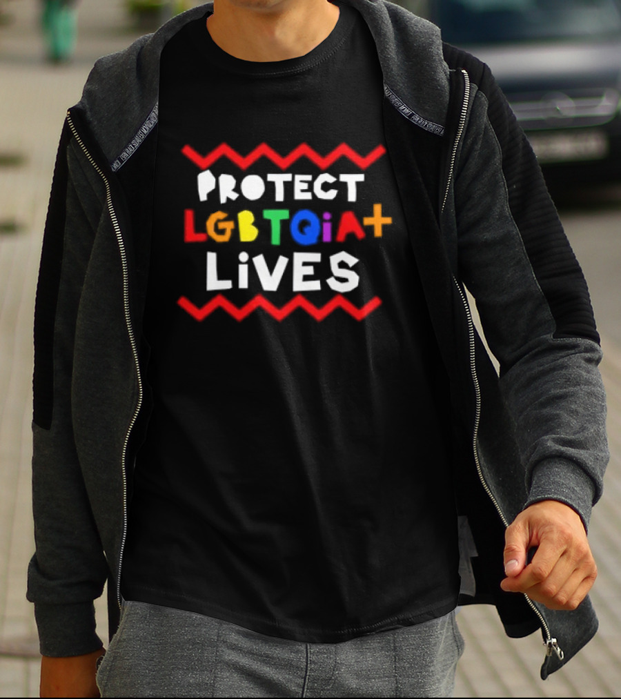 Protect LGBTQIA+ Lives Rainbow Letters With Red Zigzag Lines T-Shirt