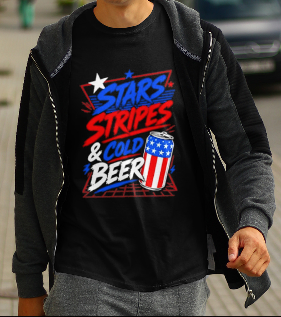 Stars Stripes And Cold Beer American Flag Can Patriotic Celebration T-Shirt