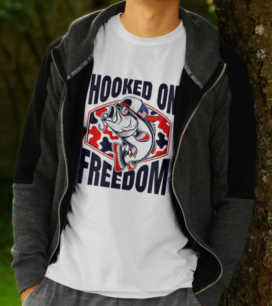 Hooked On Freedom Patriotic Fish Camo Hat T-Shirt