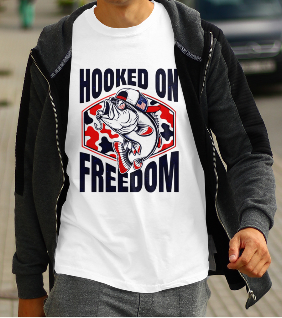 Hooked On Freedom Patriotic Fish Camo Hat T-Shirt
