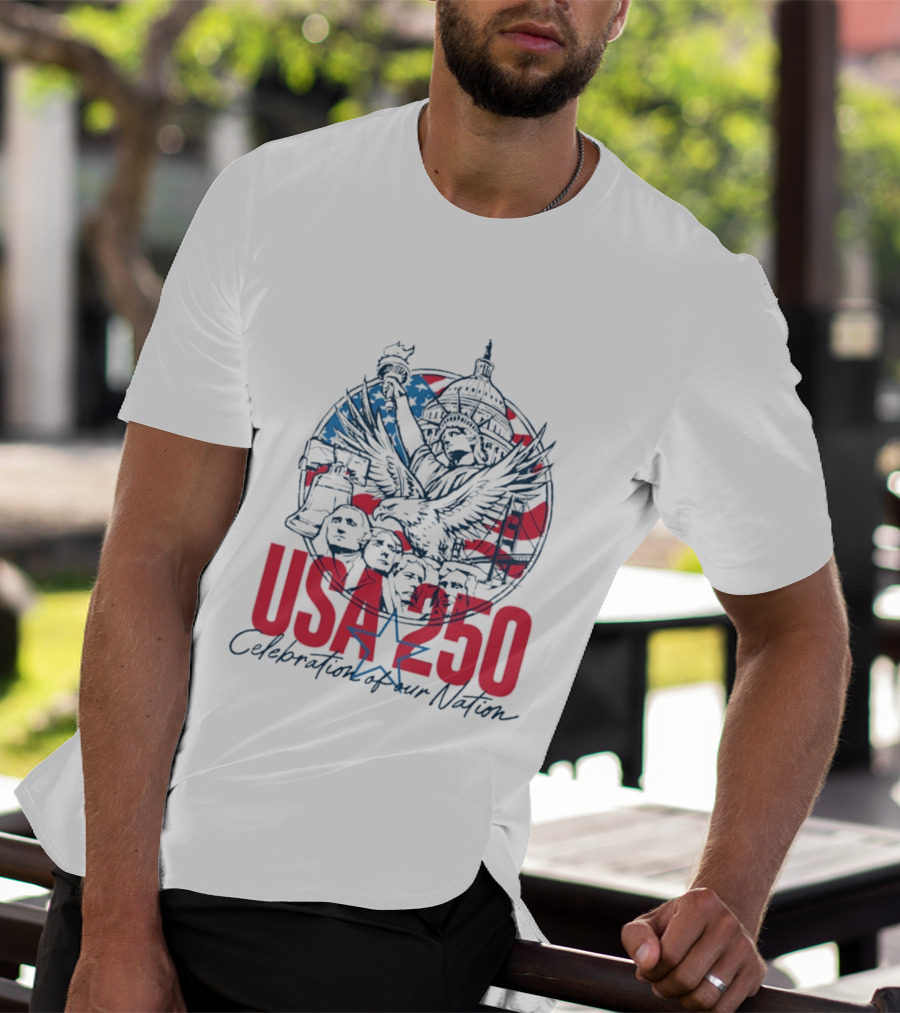 USA 250 Celebration Of Our Nation Symbols Liberty Capitol Eagle Mount Rushmore T-Shirt