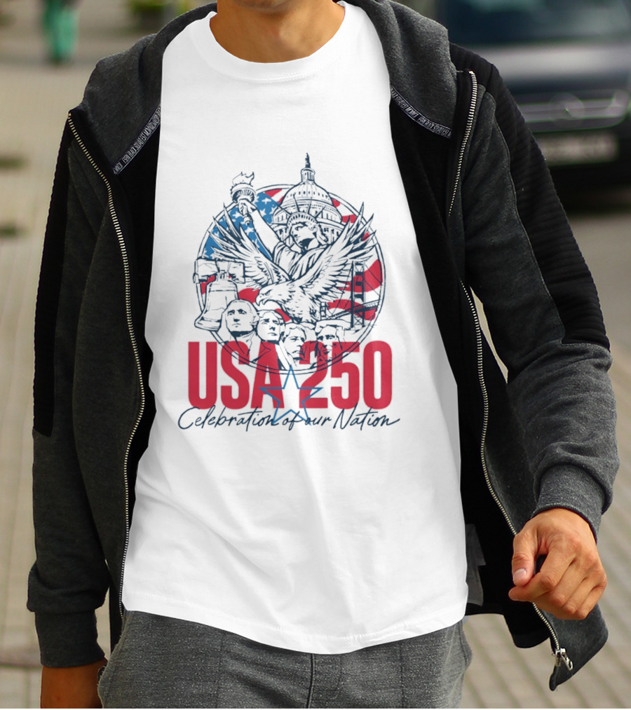 USA 250 Celebration Of Our Nation Symbols Liberty Capitol Eagle Mount Rushmore T-Shirt