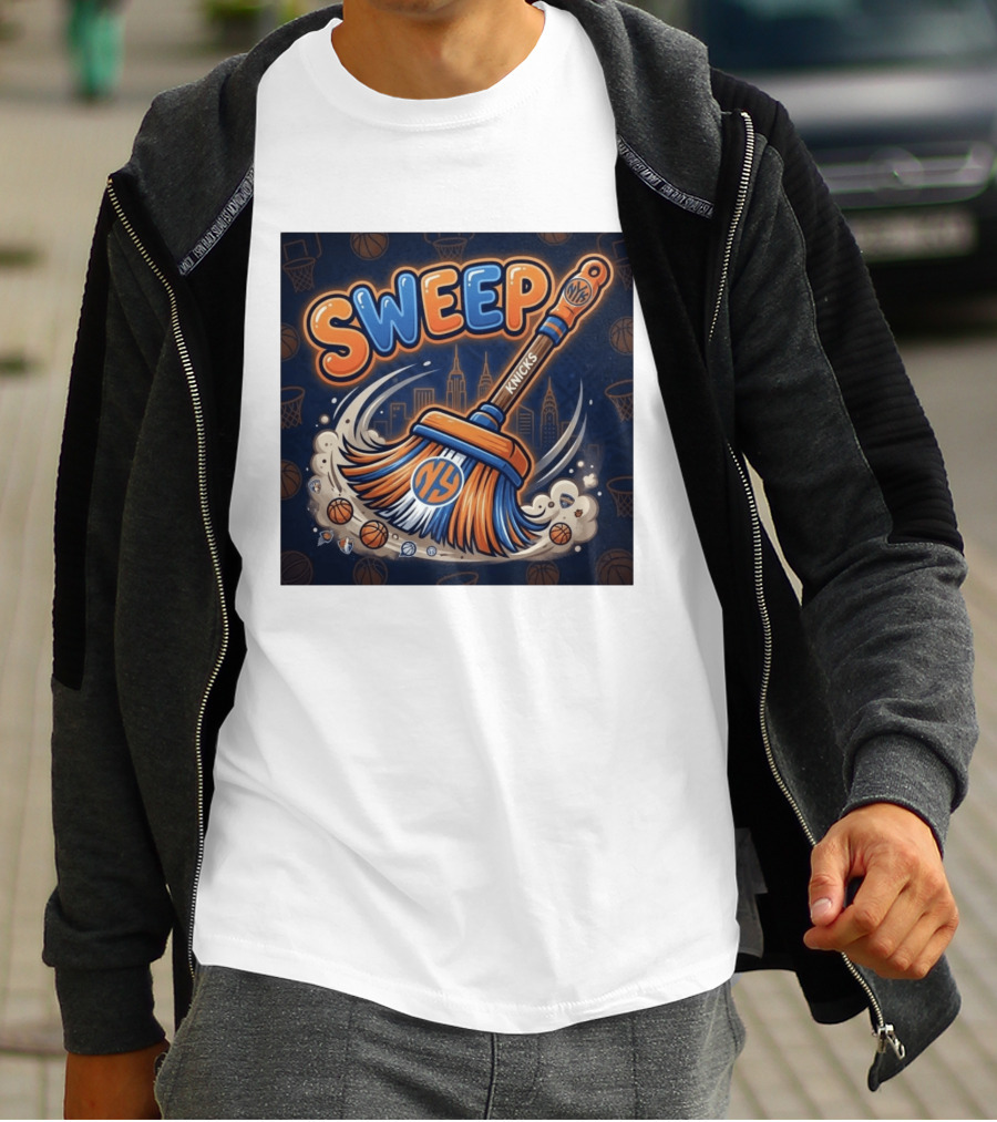 New York Knicks Sweep East Champs Basketball Skyline Broom T-Shirt