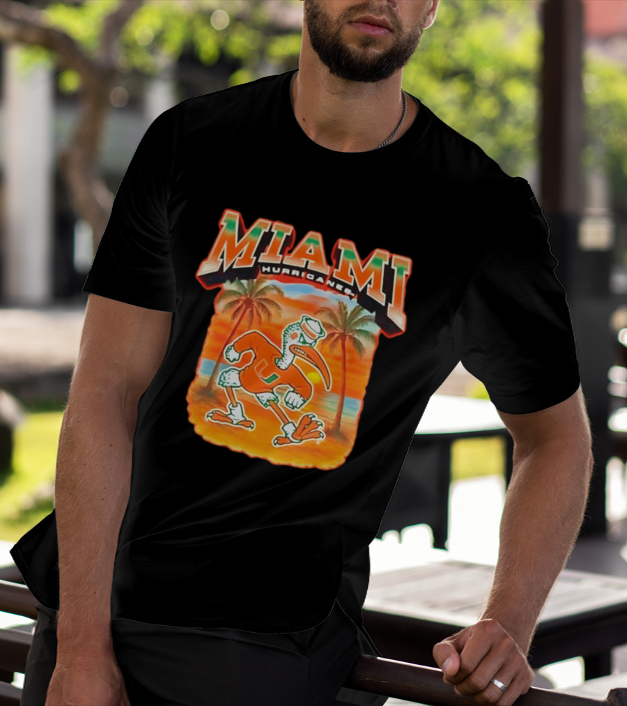 Miami Hurricanes Sebastian With Palm Trees And Sunset Beach Scene T-Shirt
