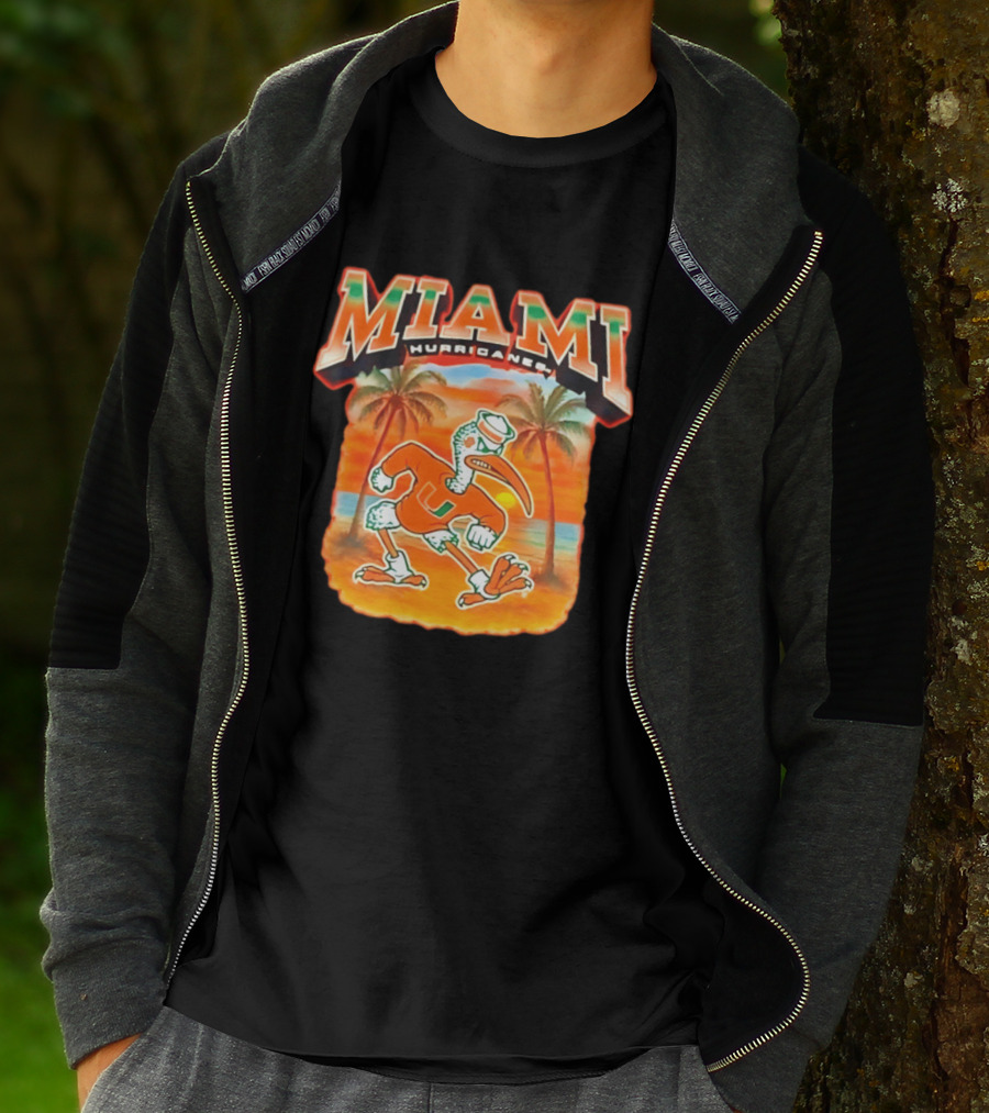 Miami Hurricanes Sebastian With Palm Trees And Sunset Beach Scene T-Shirt