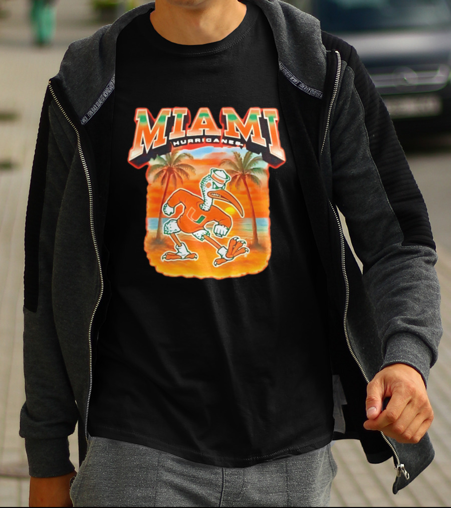 Miami Hurricanes Sebastian With Palm Trees And Sunset Beach Scene T-Shirt