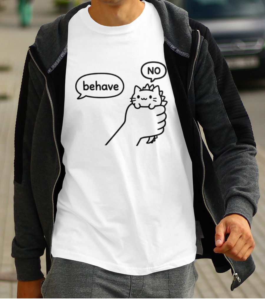Behave No Hand Holding Cat Dinosaur Tail Cartoon T-Shirt