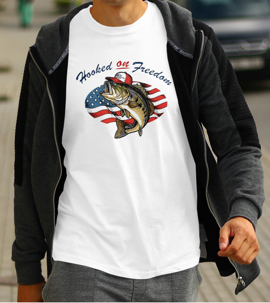 Hooked On Freedom Fish American Flag T-Shirt
