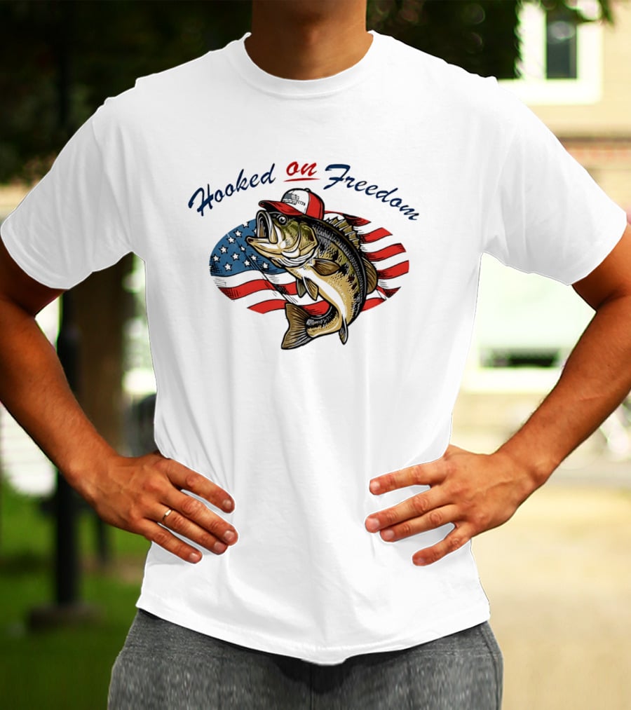 Hooked On Freedom Fish American Flag T-Shirt