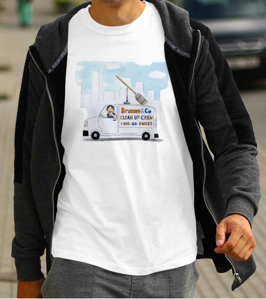 Brunson & Co Clean Up Crew 1 800 Go Knicks Skyline Van With Broom T-Shirt