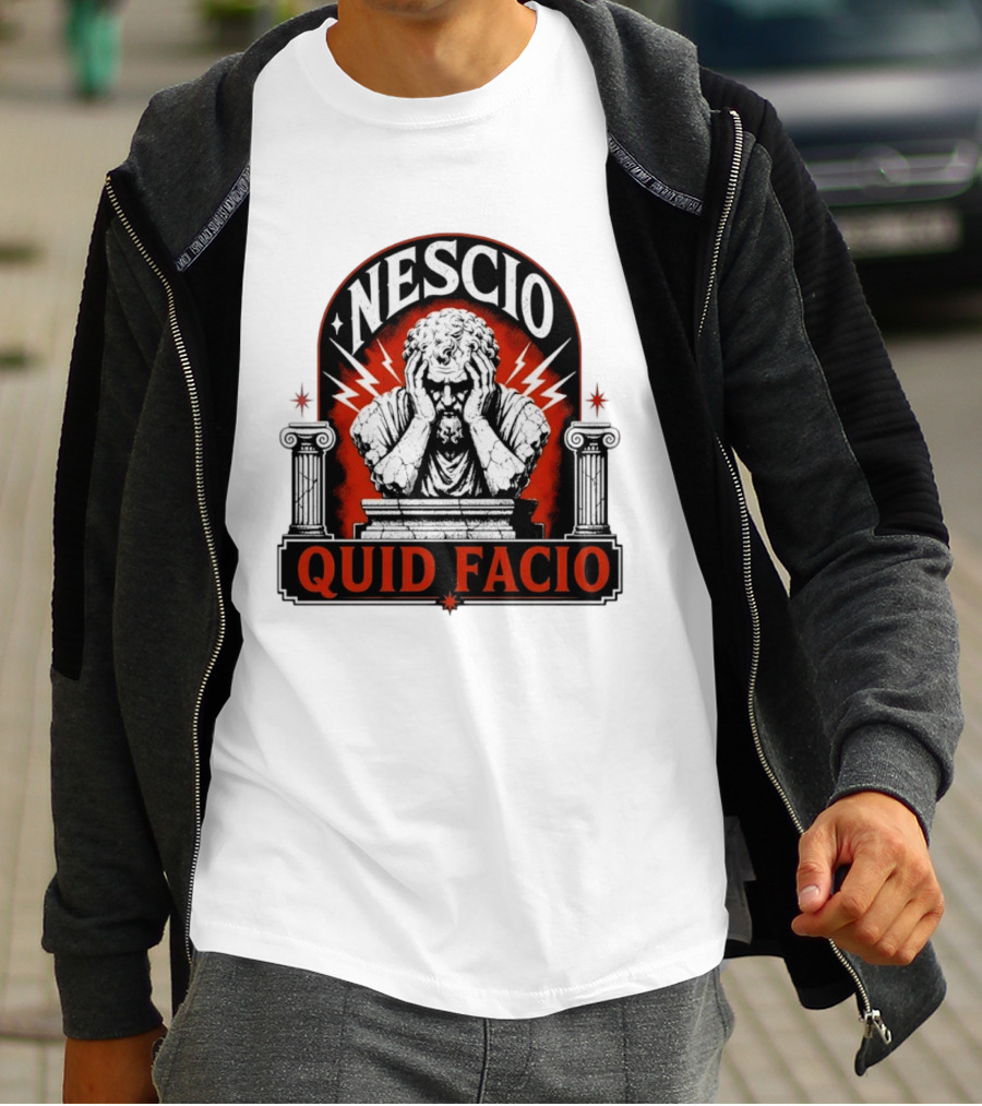 Nescio Quid Facio Roman Statue Design With Lightning And Columns T-Shirt