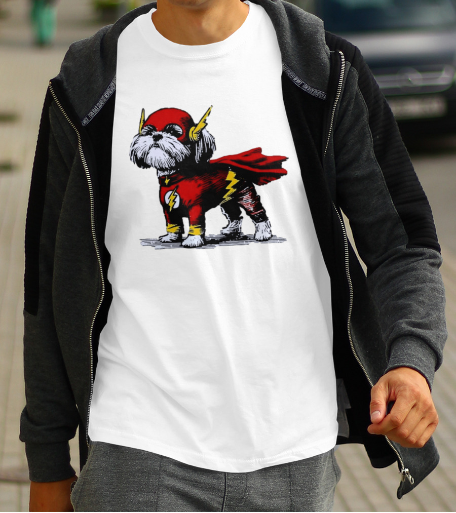 Shih Tzu Dog In The Flash Superhero Costume With Lightning Bolt T-Shirt
