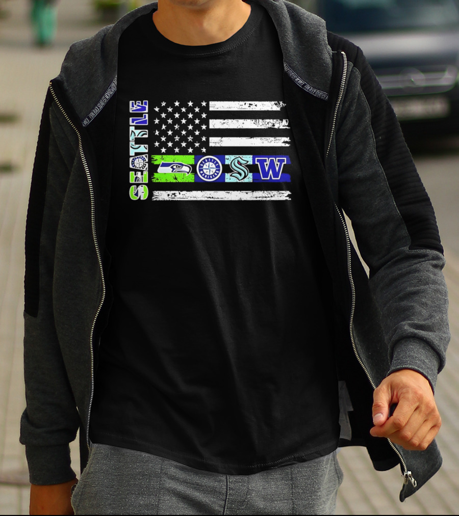 Seattle Seahawks Mariners Kraken Washington Flag T-Shirt