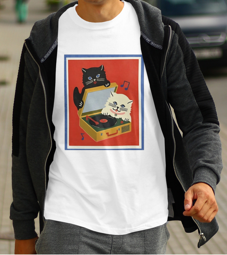 Alley Cats With Record Player And Musical Notes T-Shirt