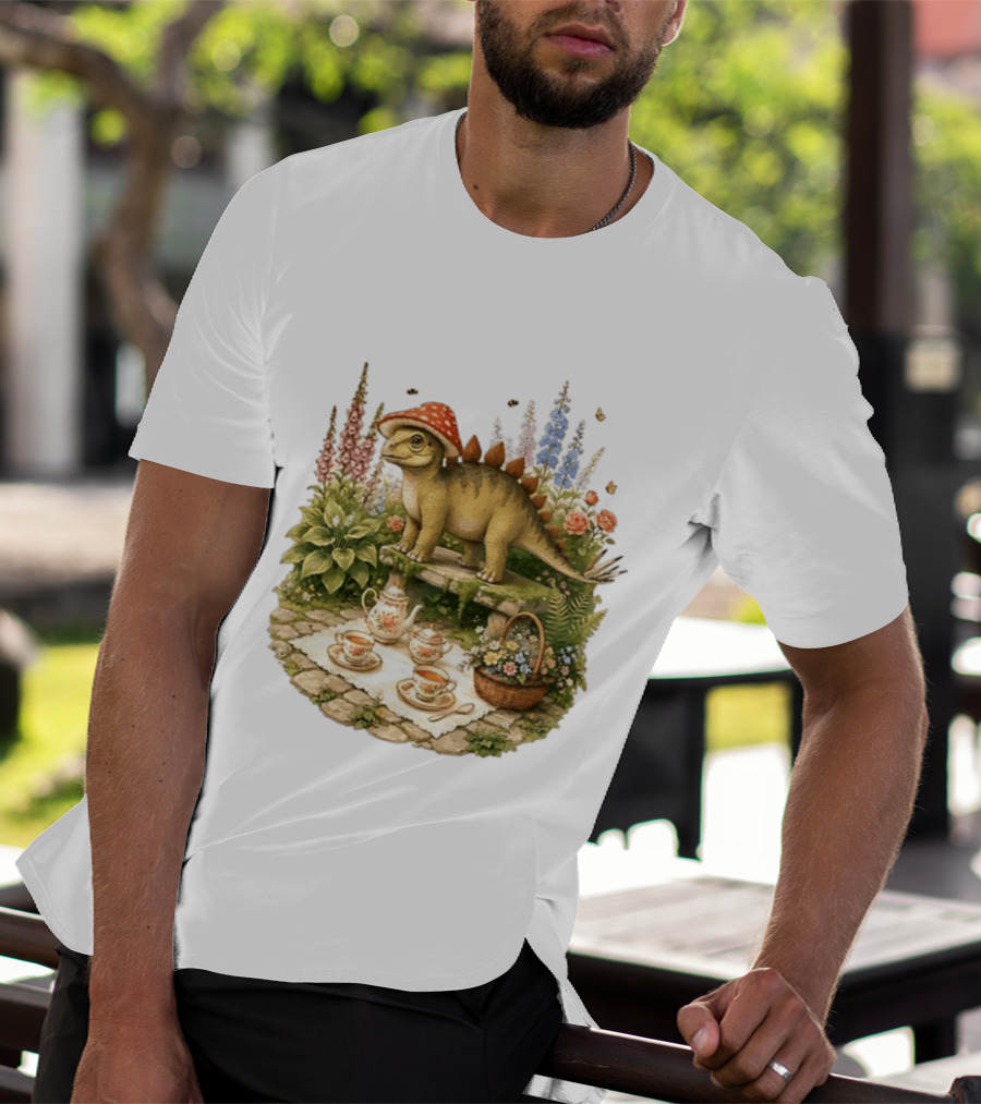 Baby Stegosaurus Wearing Red Mushroom Hat With Vintage Tea Party Garden Scene T-Shirt