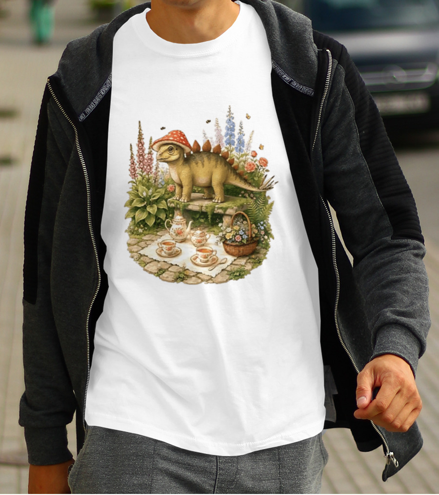 Baby Stegosaurus Wearing Red Mushroom Hat With Vintage Tea Party Garden Scene T-Shirt