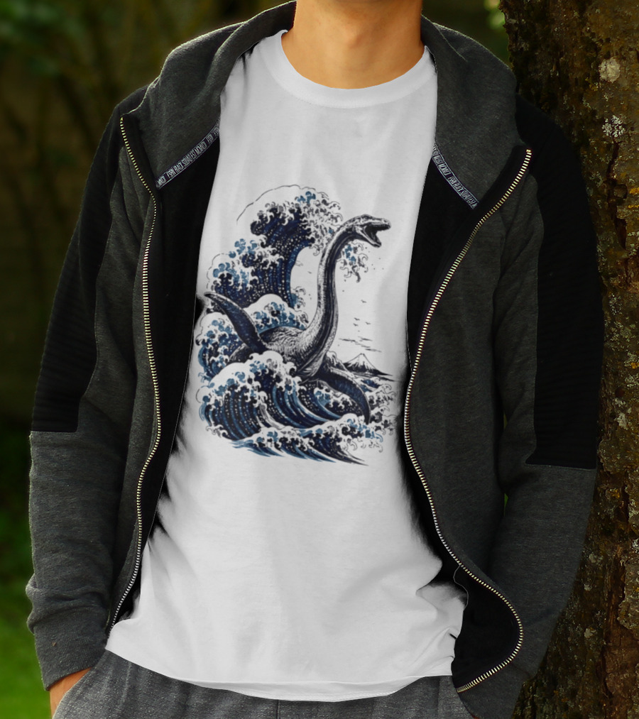 Great Wave Off Kanagawa Loch Ness Monster Mount Fuji Fusion T-Shirt