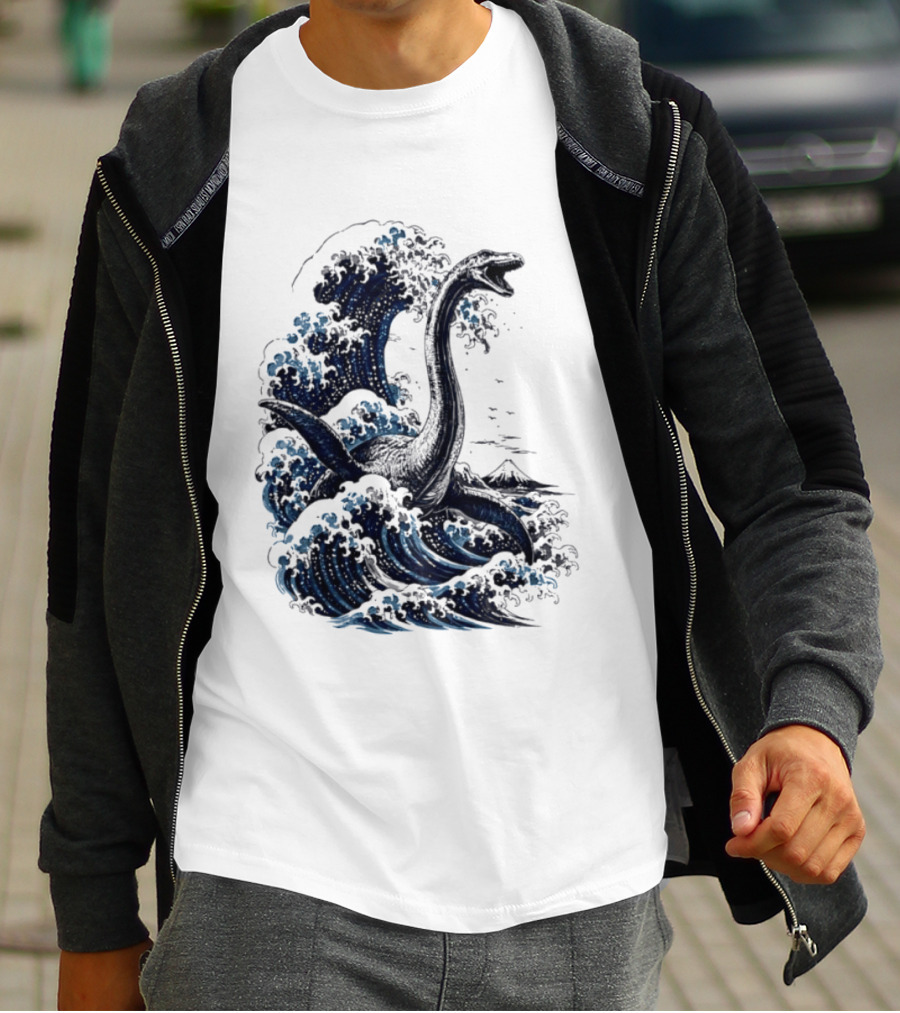 Great Wave Off Kanagawa Loch Ness Monster Mount Fuji Fusion T-Shirt