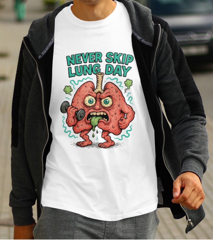 Never Skip Lung Day Funny Fitness Cartoon Lungs Lifting Weights T-Shirt