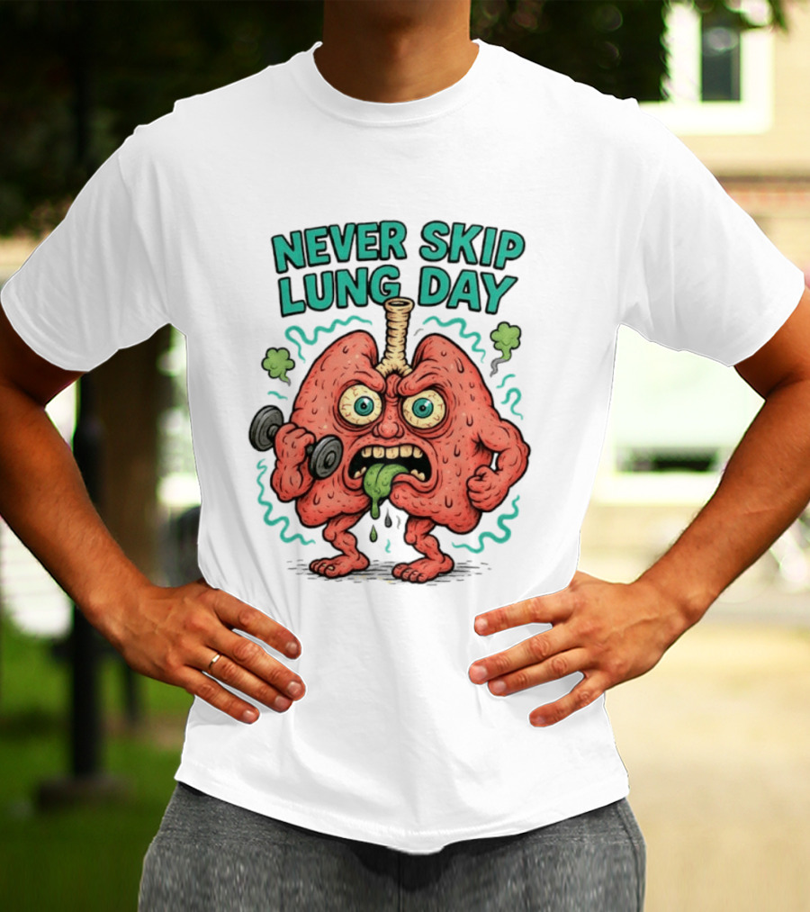 Never Skip Lung Day Funny Fitness Cartoon Lungs Lifting Weights T-Shirt