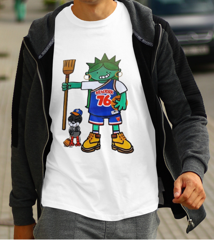 New York 76 Knicks Statue Liberty Broom Basketball 2024 T-Shirt