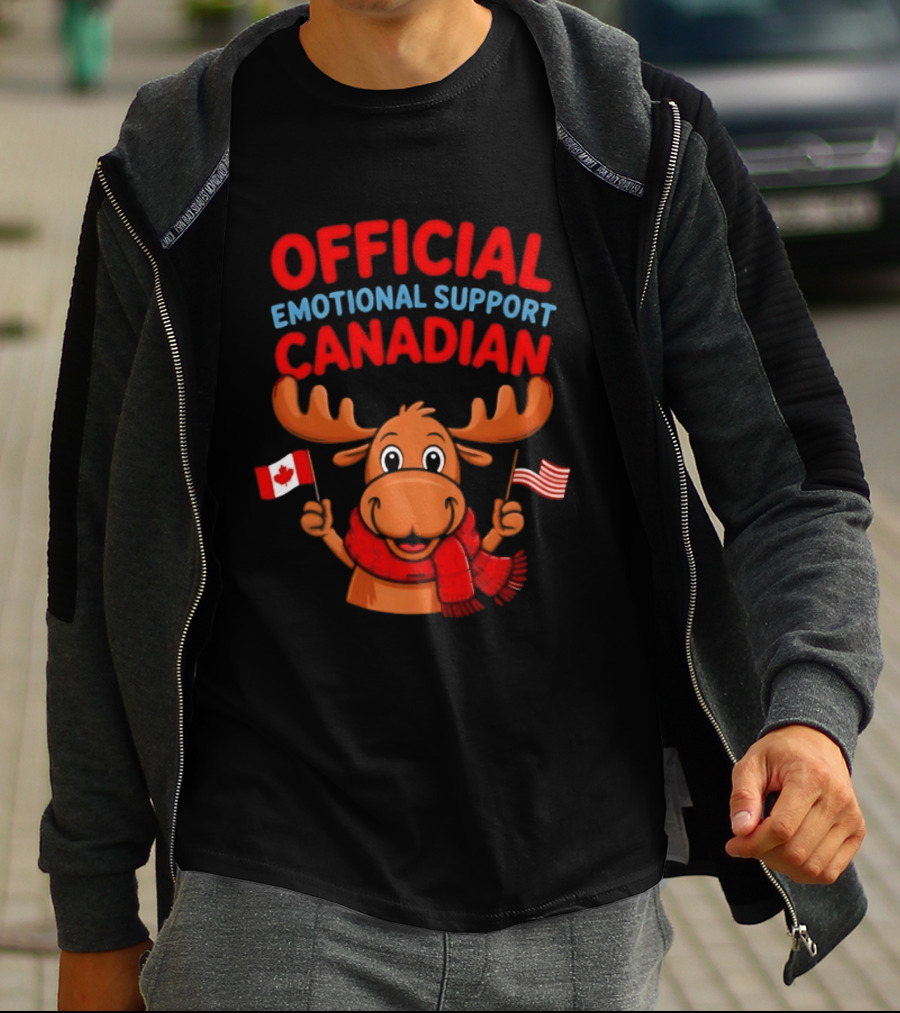 Official Emotional Support Canadian Moose With Canadian And American Flags T-Shirt