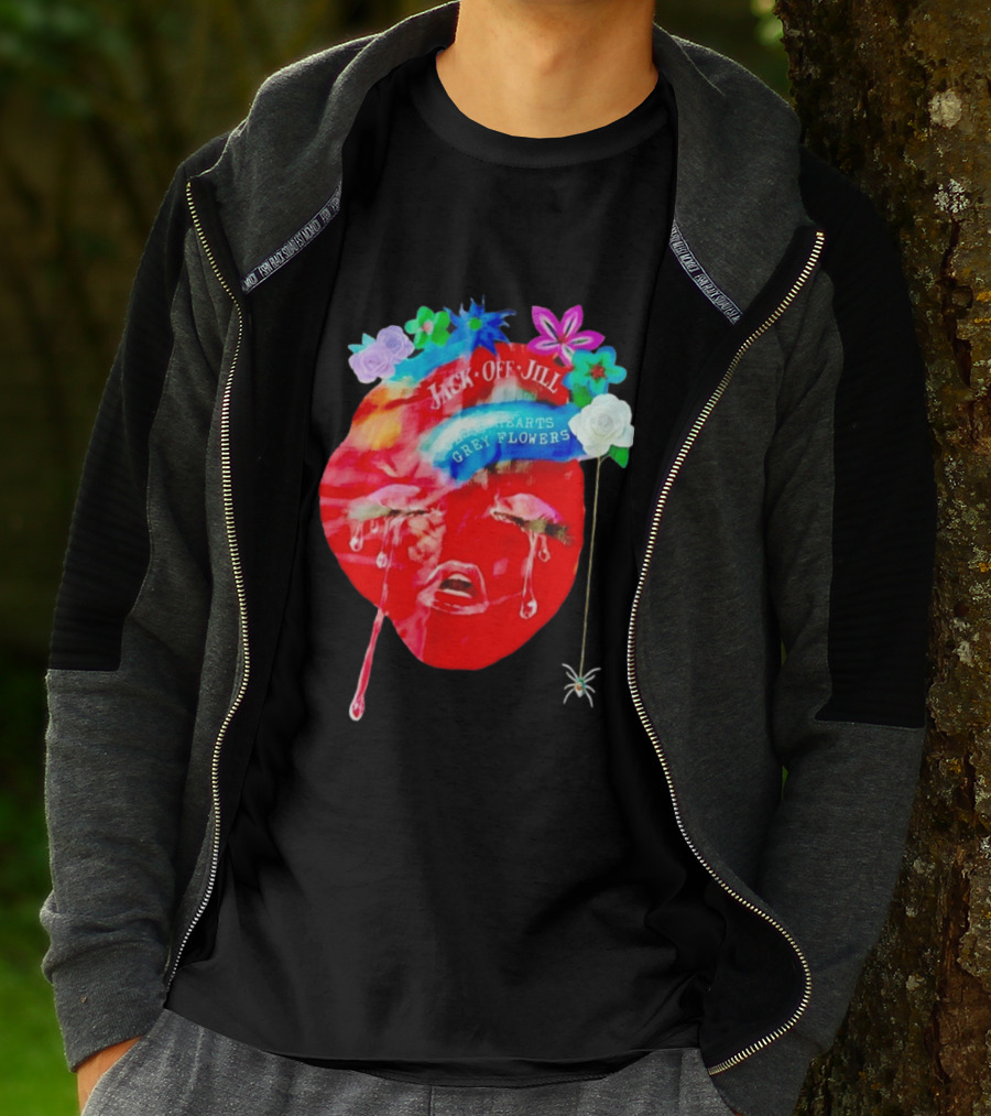 Jack Off Jill Clear Hearts Grey Flowers Crying Face With Colorful Floral Accents T-Shirt