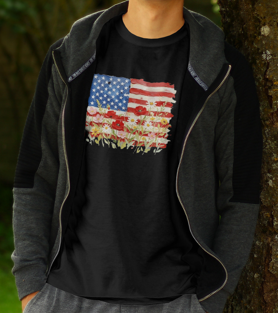 Floral American Flag With Impasto Texture And Flowers T-Shirt