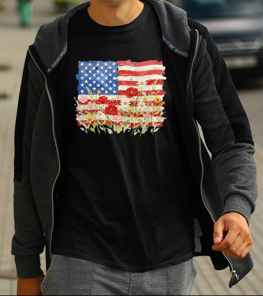 Floral American Flag With Impasto Texture And Flowers T-Shirt