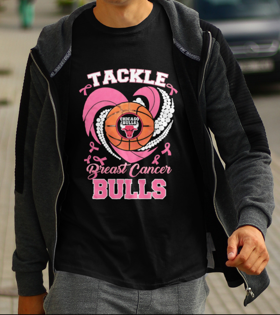 Tackle Breast Cancer Bulls Heart Pink Ribbons T-Shirt